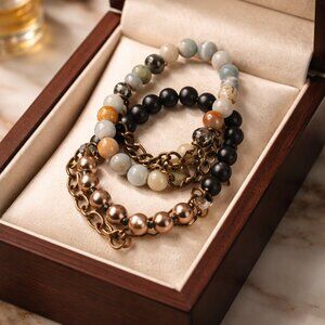 Set of Two Amazonite Beaded and Brass Chains‎ Bracelets
